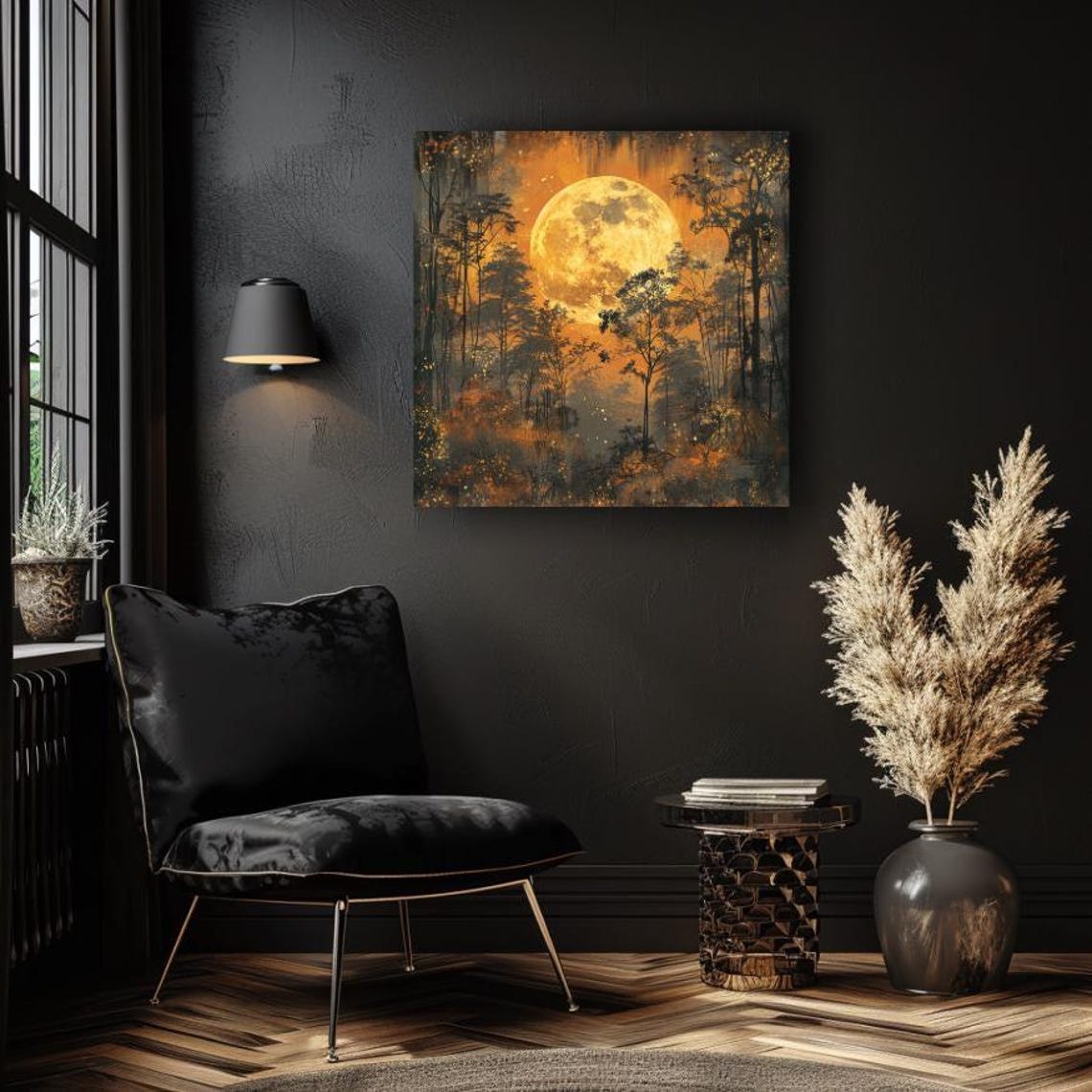 Golden Full Moon Over Dark Forest Fireflies Night Art Poster - Image 3