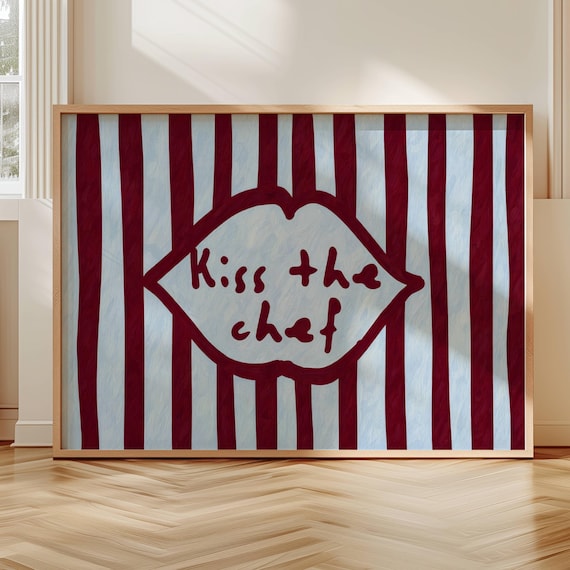 Kiss The Chef Lips Quote Striped Burgundy Blue Funny Kitchen Poster