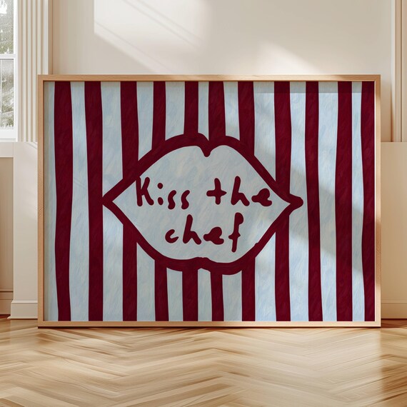 Kiss The Chef Quote Print Horizontal Funny Typography Kitchen Poster Hand Drawn Retro Striped Blue Burgundy Textured Oil Painting Wall Art