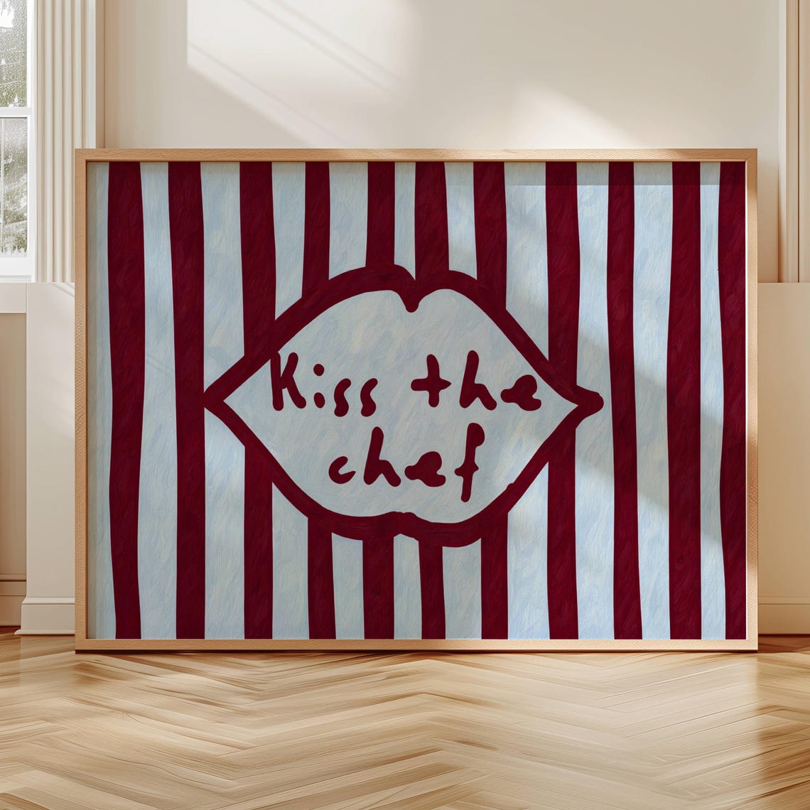 Kiss The Chef Lips Quote Striped Burgundy Blue Funny Kitchen Poster