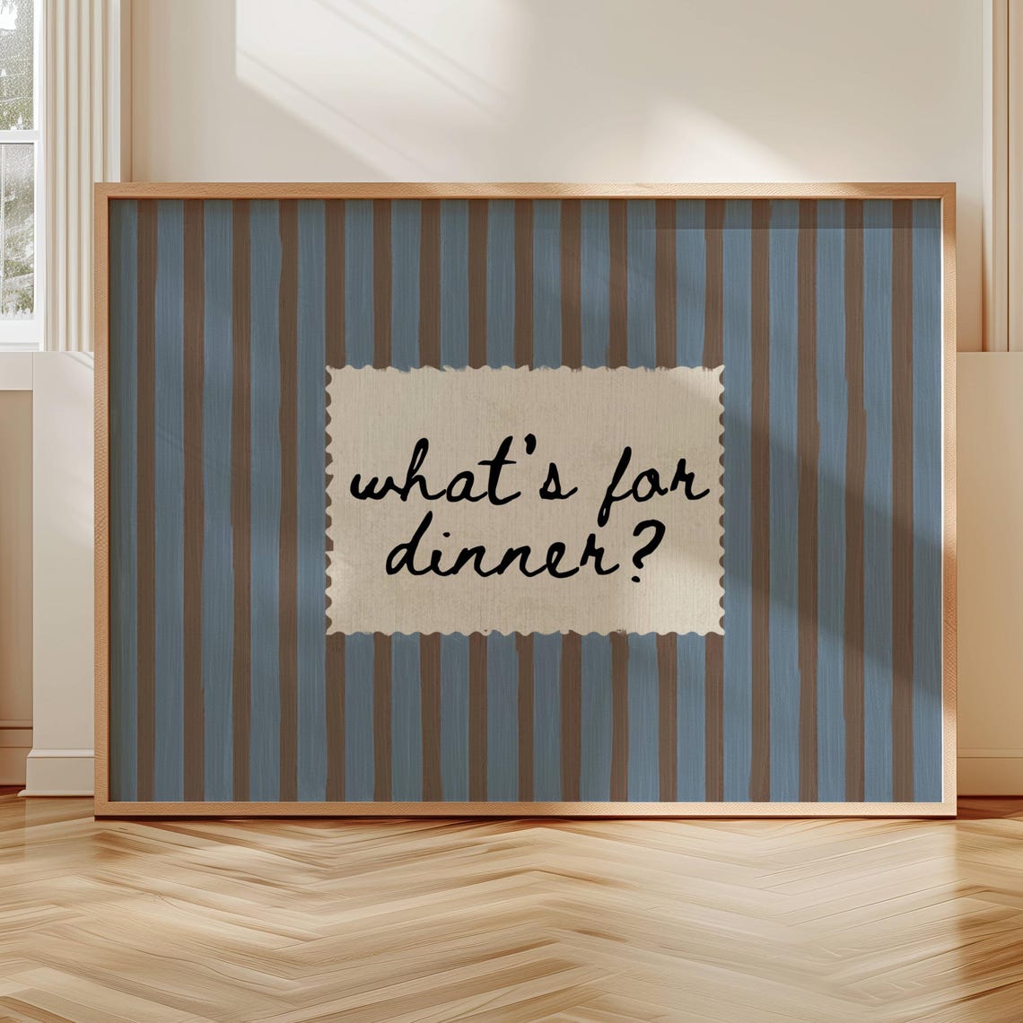 Whats For Dinner Handwritten Quote Blue Striped Kitchen Wall Art