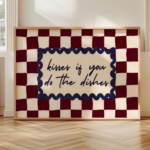 Kisses If You Do The Dishes Quote Print Horizontal Fun Typography Kitchen Poster Hand Drawn Retro Checkered Burgundy Oil Painting Wall Art