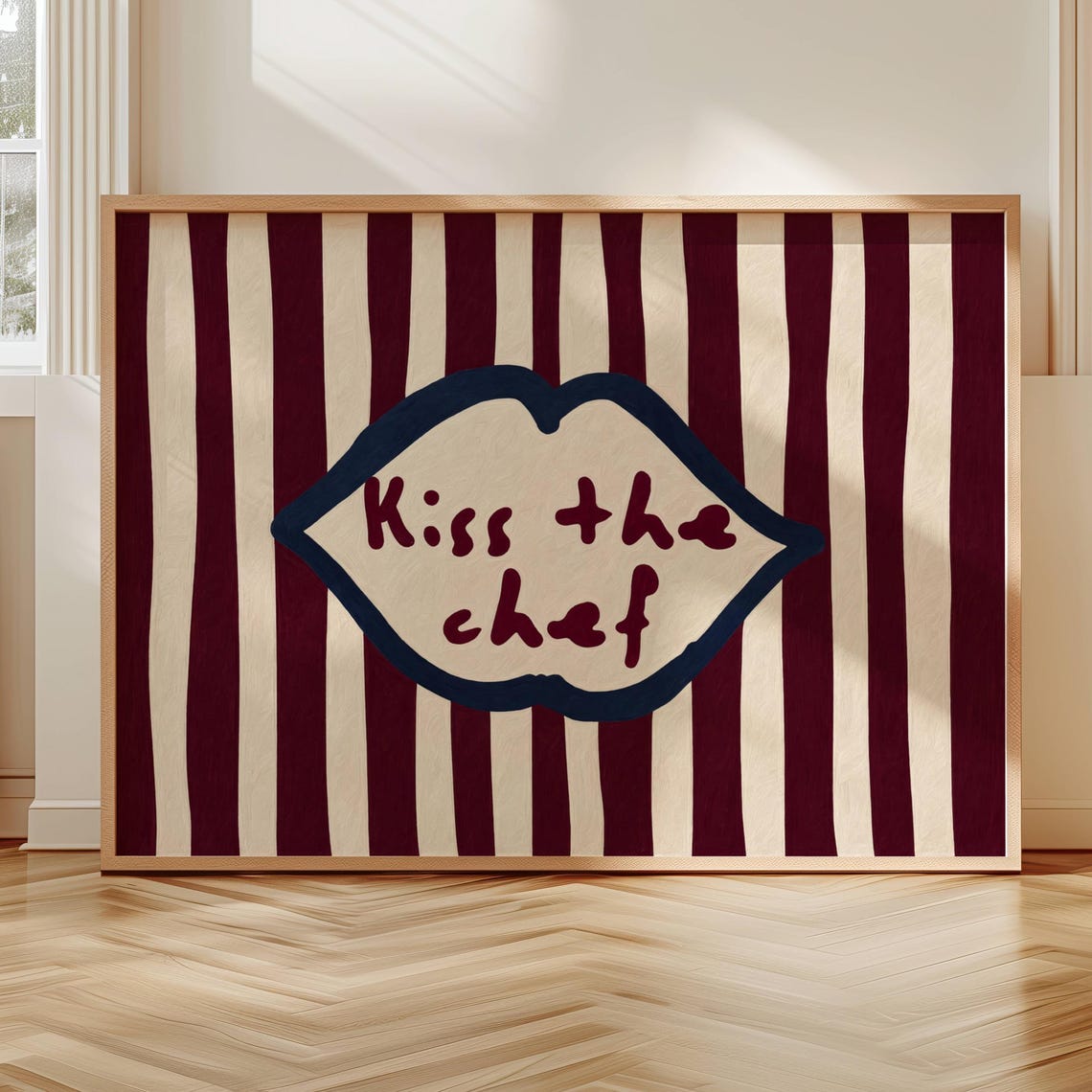 Kiss The Chef Lips Quote Burgundy Cream Striped Funny Kitchen Poster