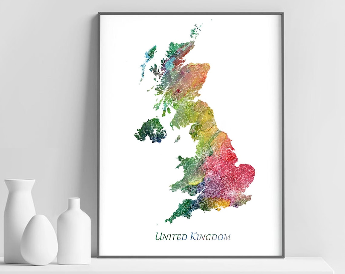 United Kingdom Watercolor Map Poster Rainbow Colors Travel Wall Decor Art