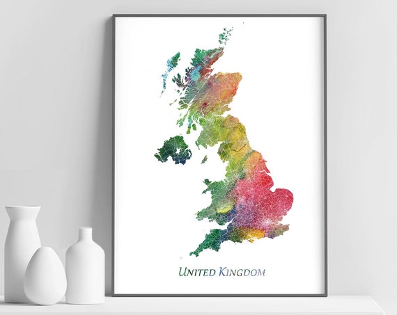 Great Britain Print United Kingdom Wall Art Watercolor Map Uk Home Office Decor Travel Poster