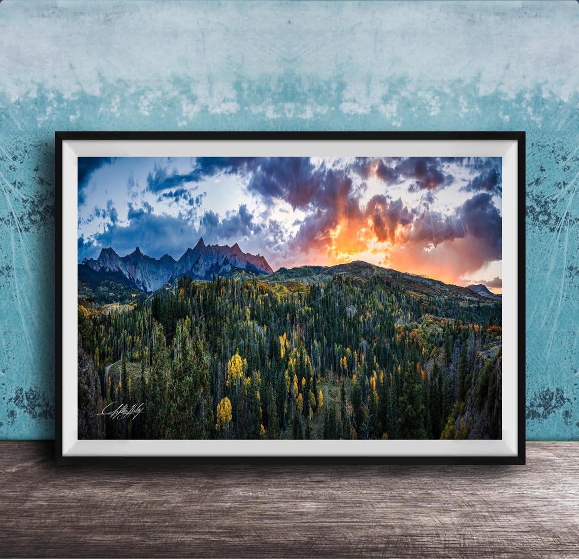 Sunset Mountain Peaks Dramatic Clouds Evergreen Forest Photo Poster