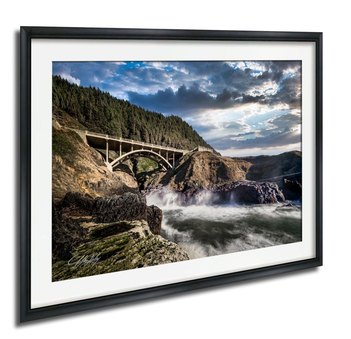 Rugged Coastal Arch Bridge Over Ocean Surf Dramatic Sunset Poster