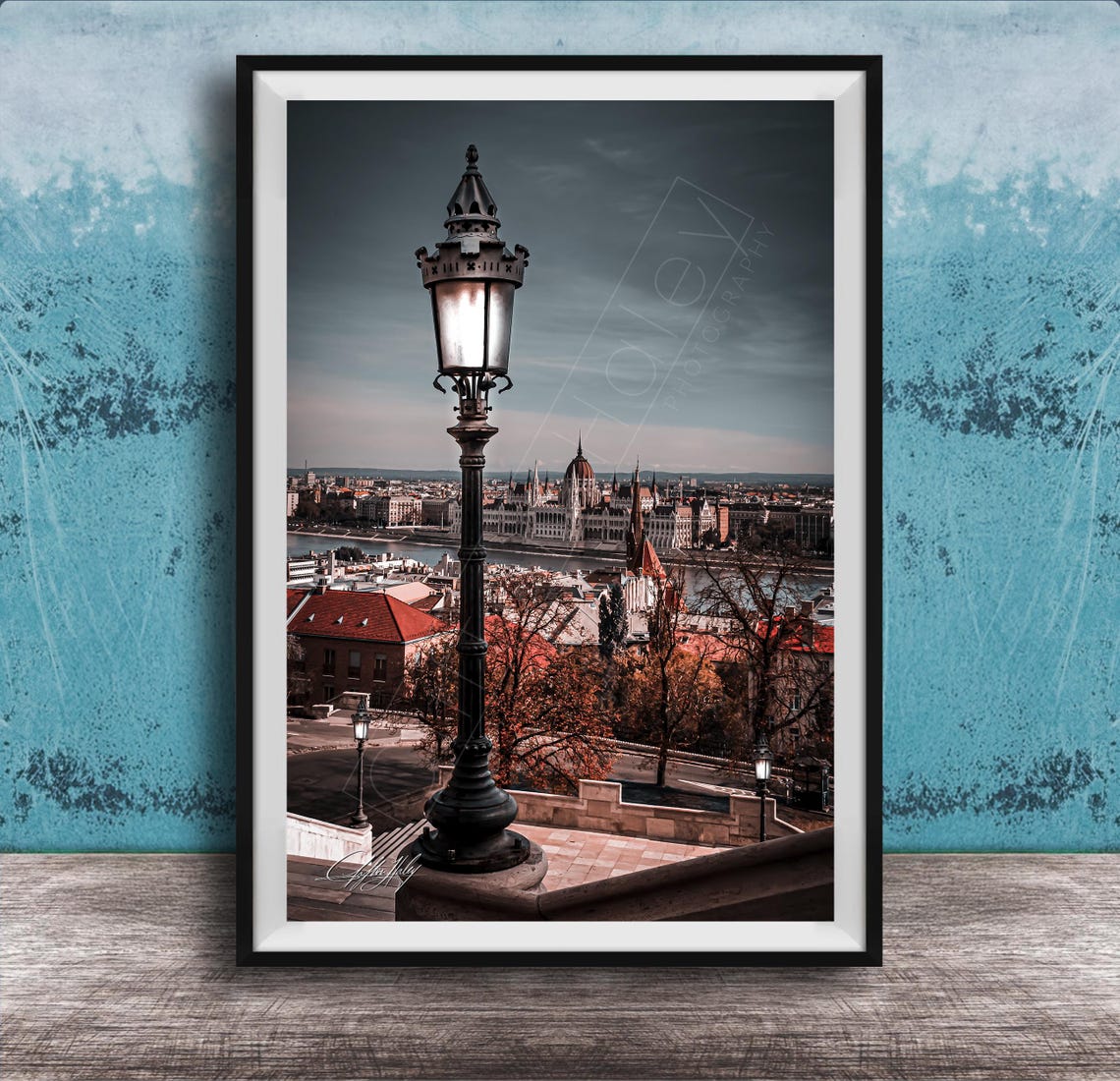 Vintage Lamp Post Overlooking Budapest Parliament At Dusk Poster