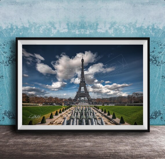 Eiffel Tower Print Paris Cityscape With Cloudy Sky