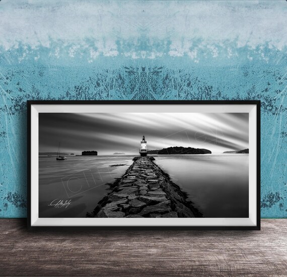 Portland Maine Lighthouse Jetty Black White Long Exposure Wall Art