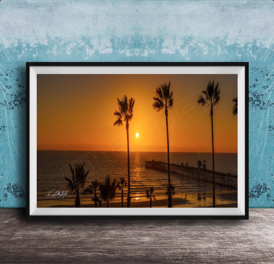 Sunset Over Ocean Pier With Palm Trees Beach Photography Poster