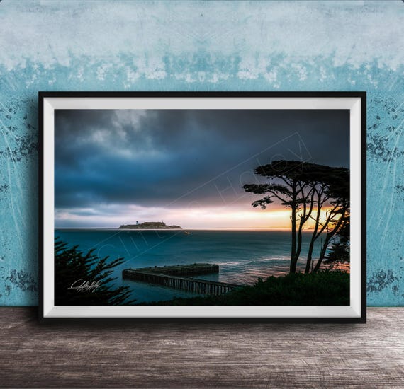 Alcatraz Island Sunrise Print Foggy Bay With Orange And Pink Sky