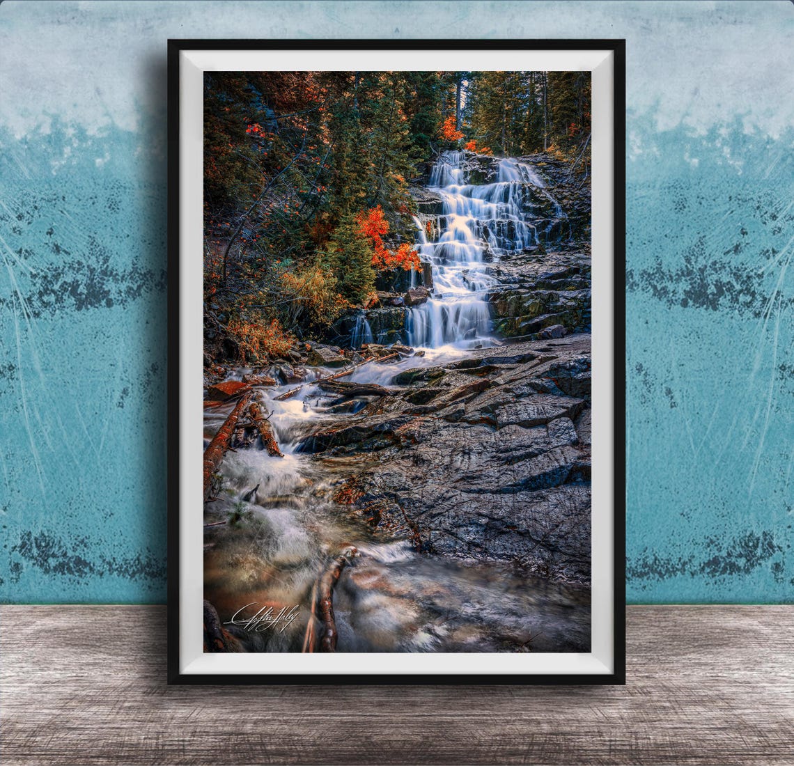 Tiered Waterfall in Autumn Forest Park City Nature Scenery Poster