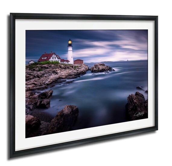 Portland Head Lighthouse on Rocky Coast at Dusk Ocean View Wall Art