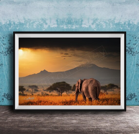 Boho Elephant Wall Art Sunrise Safari Scene Large Signed Print