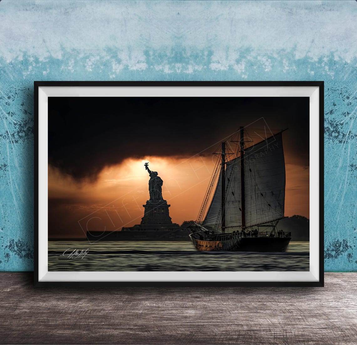 Statue Of Liberty Silhouette Sunset With Sailboat Dramatic Poster