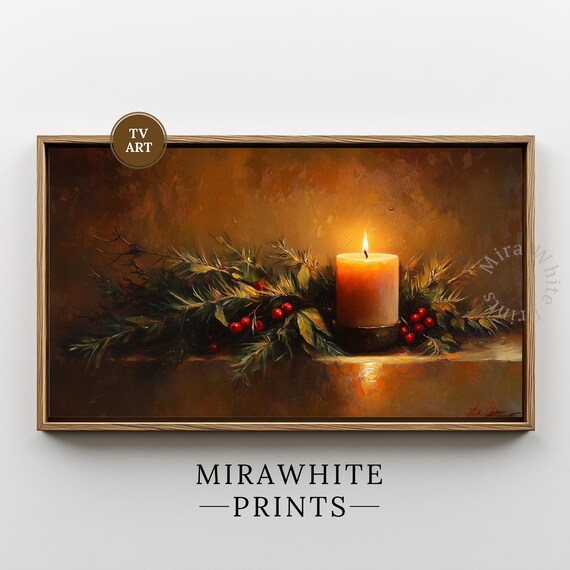 Glowing Candle Pine Berries Christmas Still Life Vintage Holiday Decor Poster