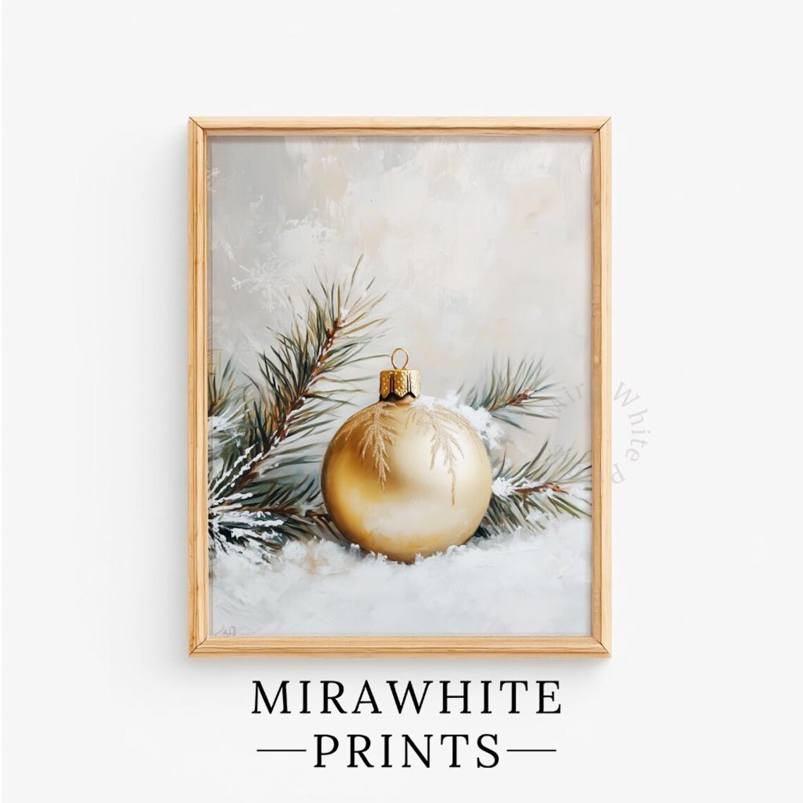 Golden Christmas Ornament Print Snowy Pine Branch Vintage Holiday Art
