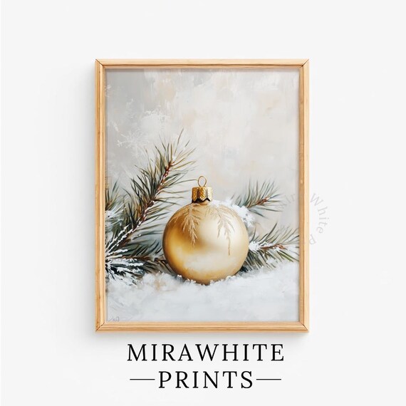 Golden Christmas Ornament Print Snowy Pine Branch Vintage Holiday Art