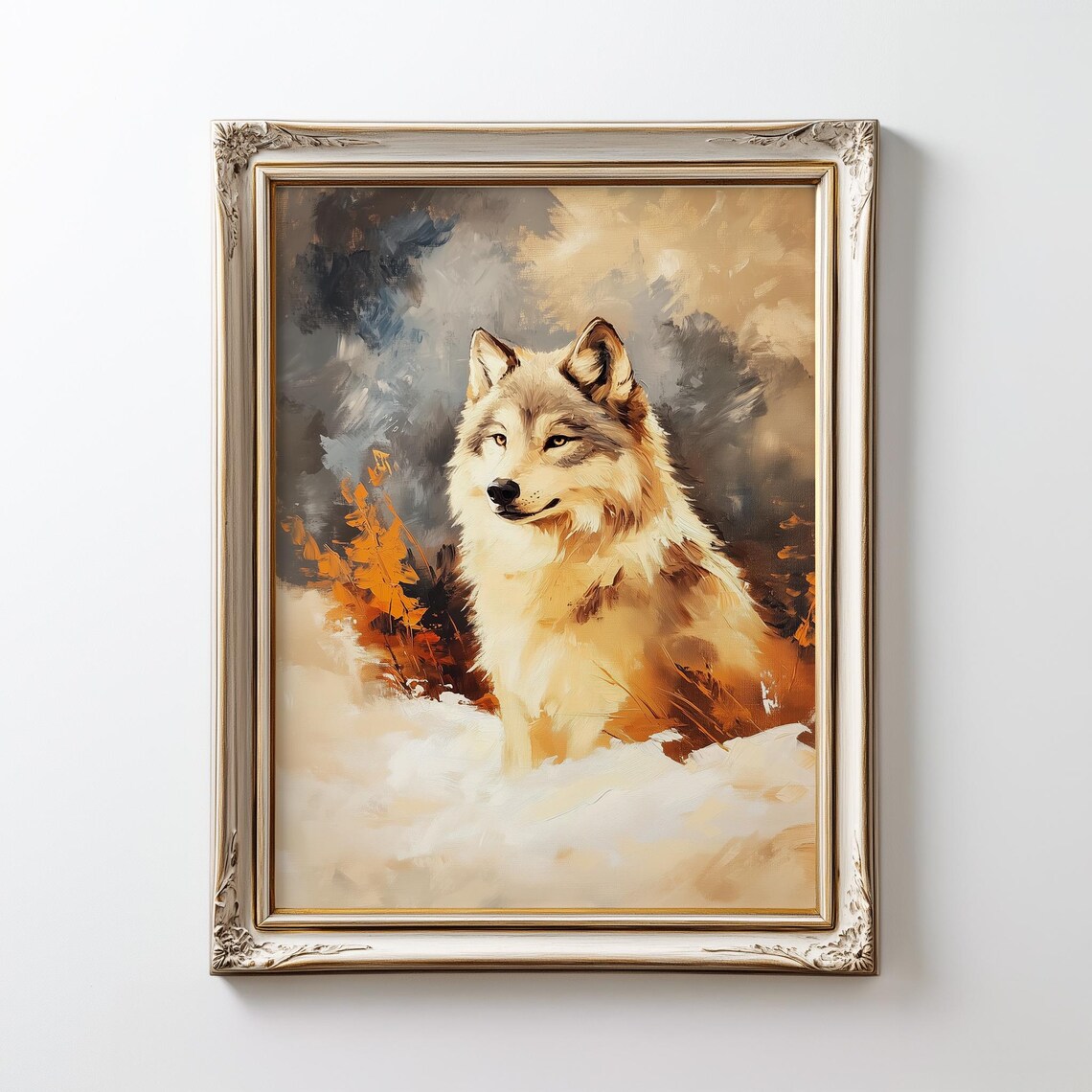 White Wolf Winter Landscape Painting Rustic Wildlife Art