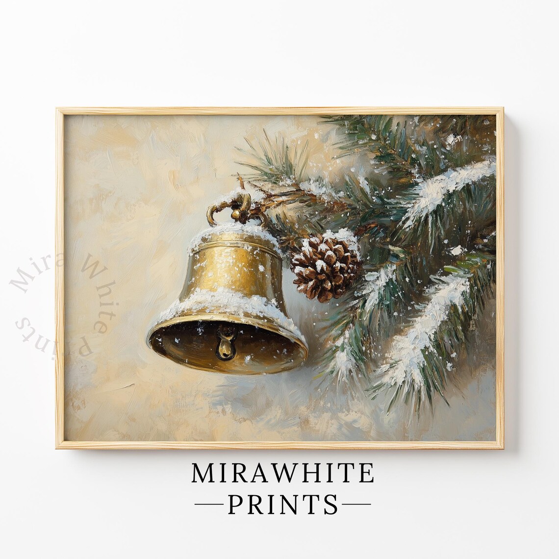Antique Brass Christmas Bell Print Snowy Pine Cone Rustic Holiday Painting