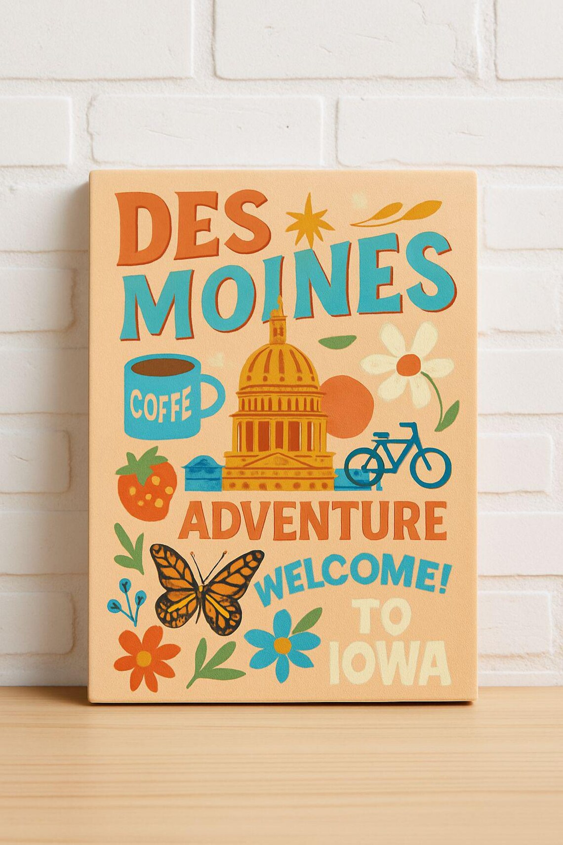 Des Moines Adventure Welcome to Iowa Retro Travel Art Poster
