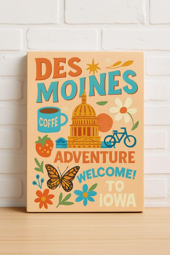 Des Moines Adventure Welcome to Iowa Retro Travel Art Poster