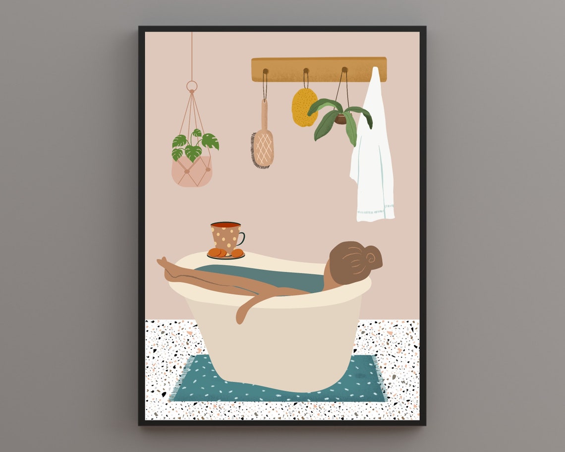 Woman Relaxing In A Bathtub With Tea Warm Beige Bathroom Print