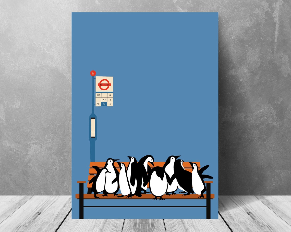 Penguins Waiting Together At A Bus Stop Bench Blue Fun Art Poster - Image 2