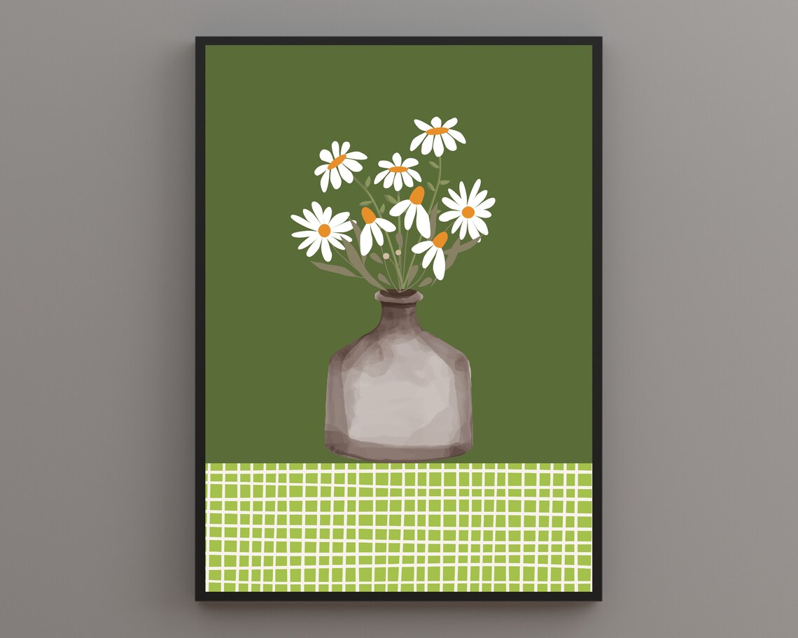 White Daisies In Glass Vase Dark Green Botanical Tablecloth Poster