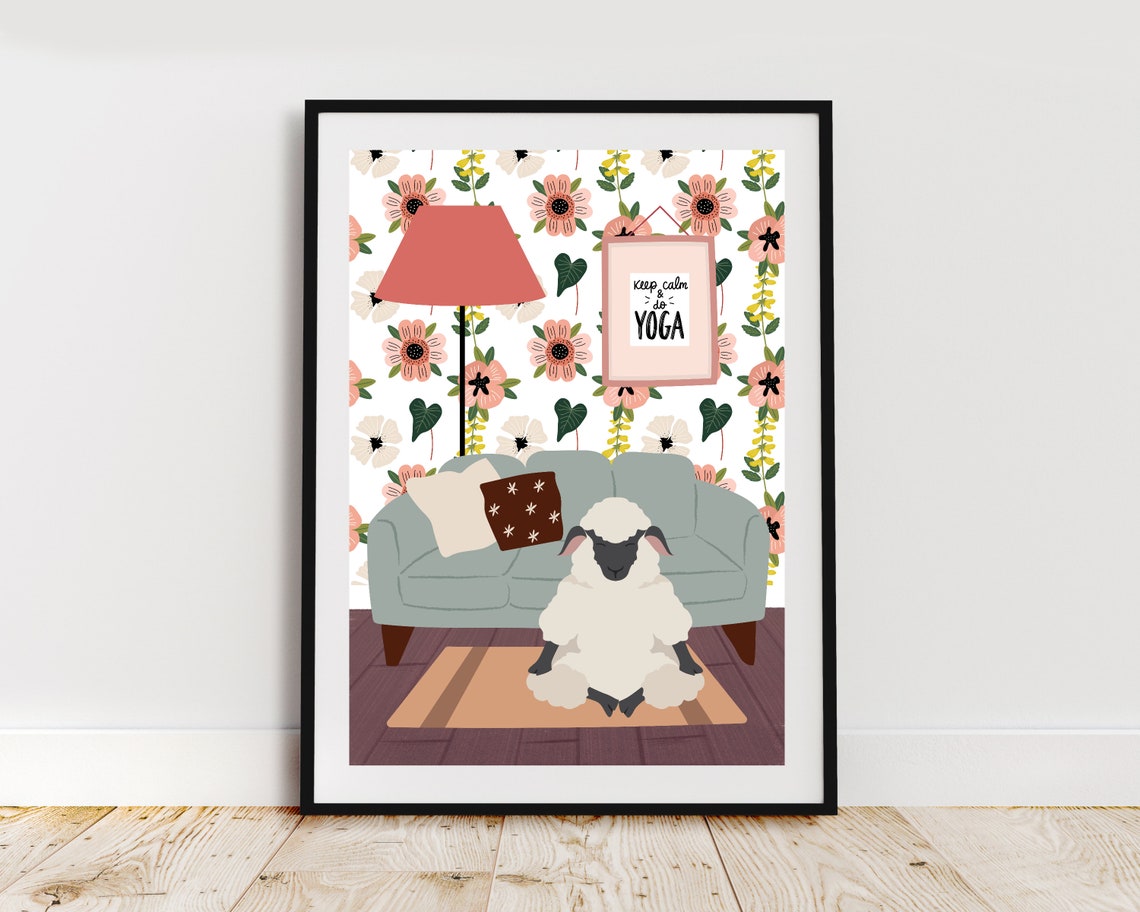 Sheep Meditating on Rug by Grey Sofa Funny Yoga Animal Poster - Image 3