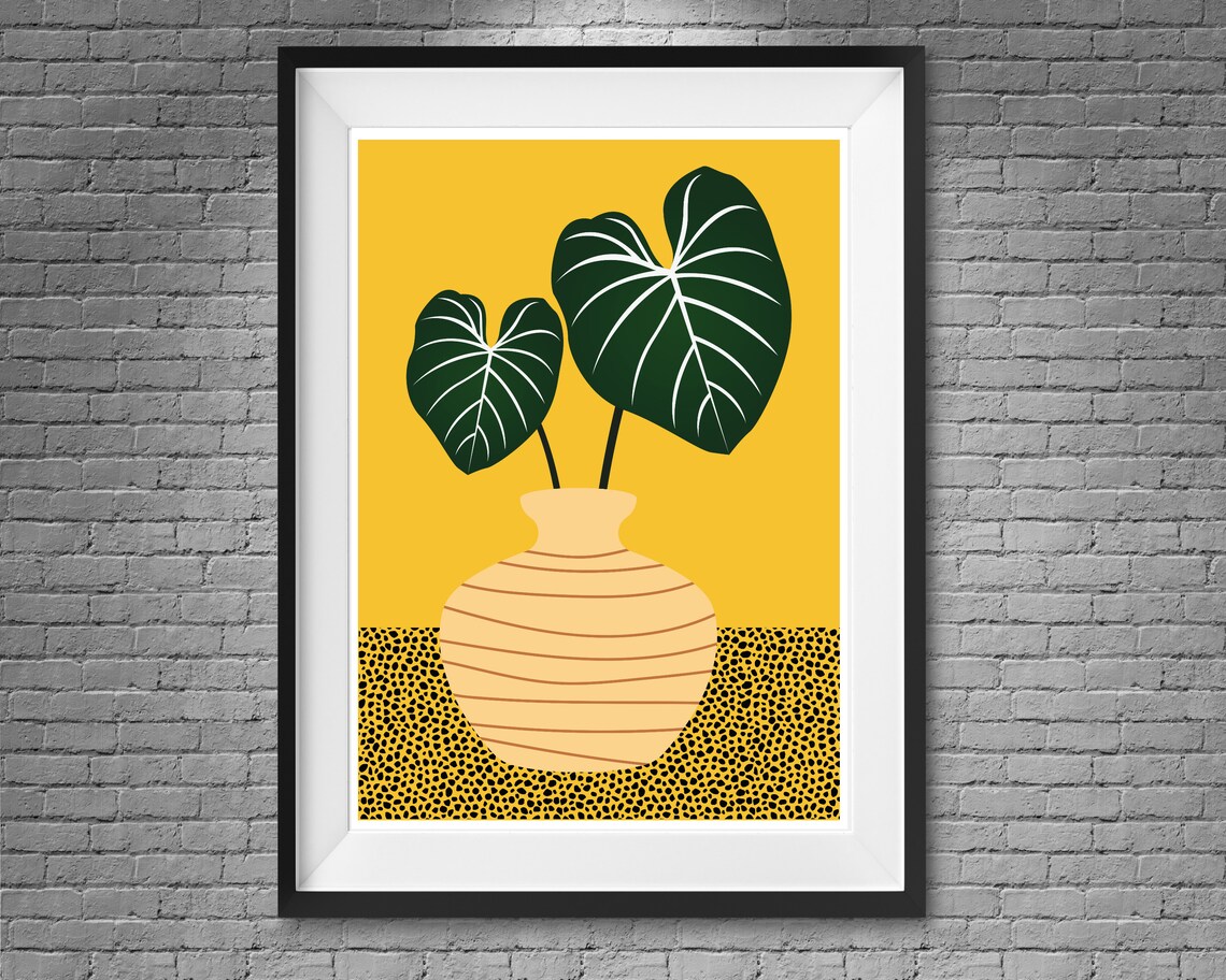 Veined Alocasia Leaves In A Striped Vase On Mustard Yellow Poster - Image 2