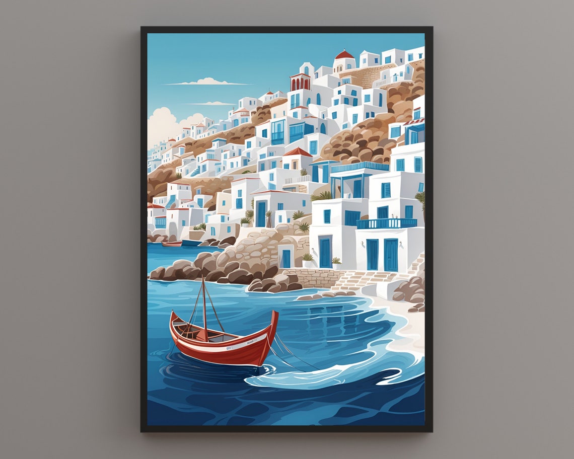 Mykonos Hillside White Town Harbor Red Boat Greece Seaside Poster
