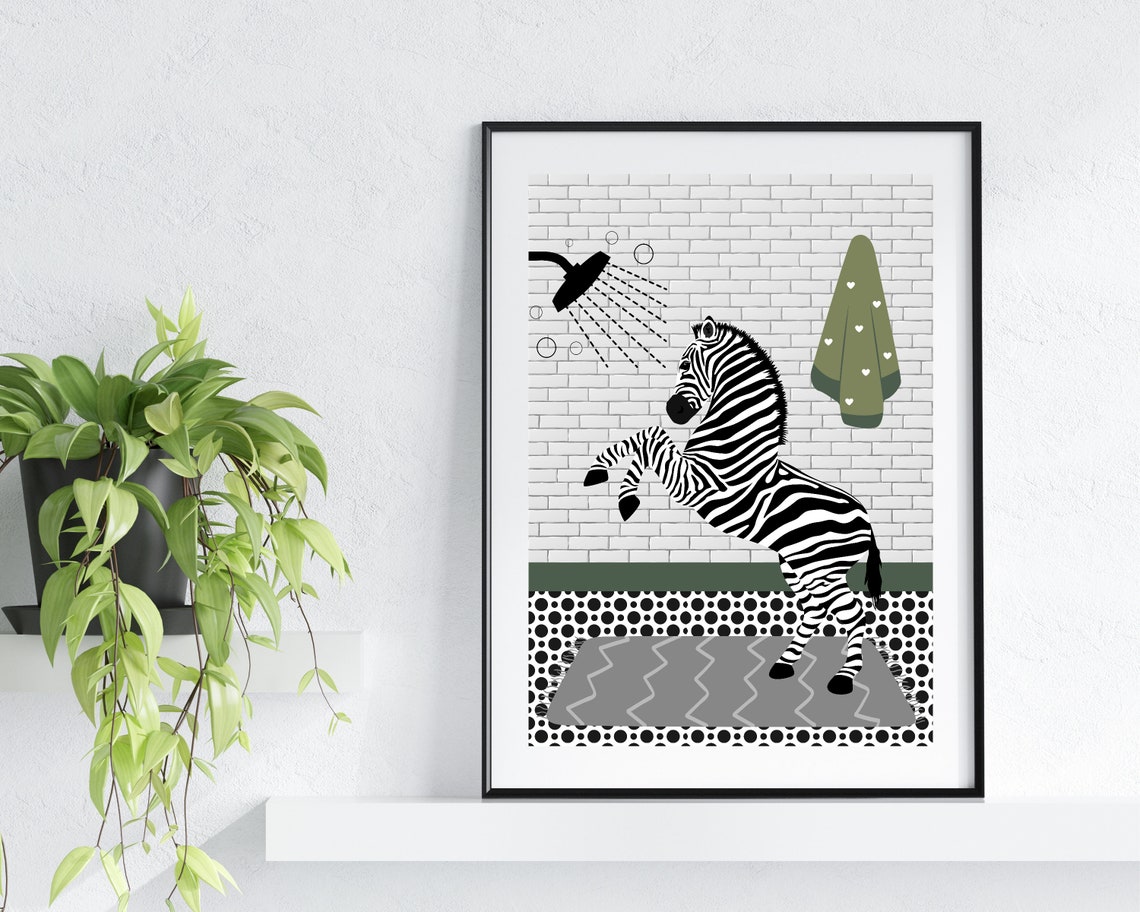 Zebra In A White Brick Bathroom With A Green Heart Towel Print - Image 3