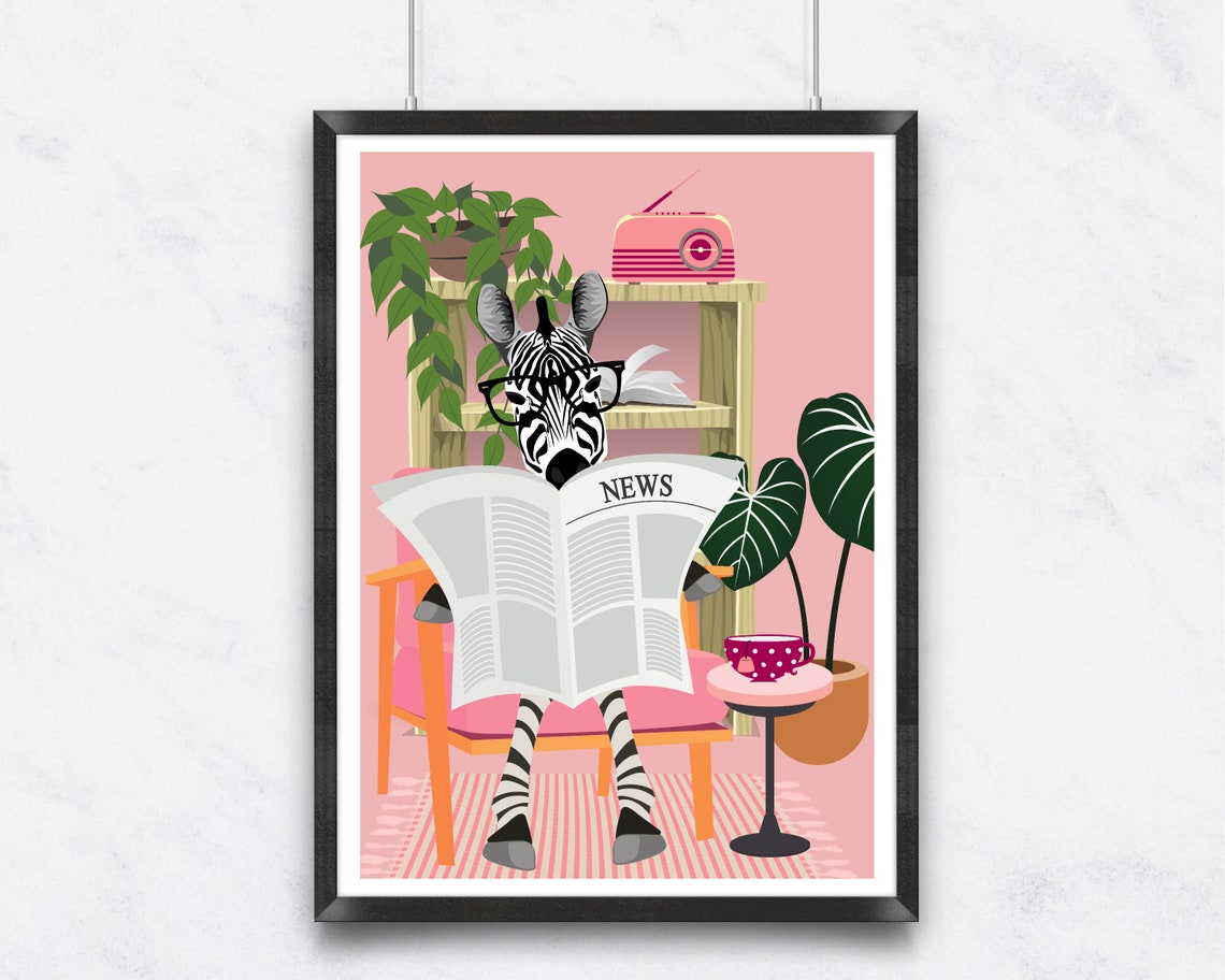 Zebra Reading Newspaper on Pink Chair Funny Spectacle Animal Poster - Image 3