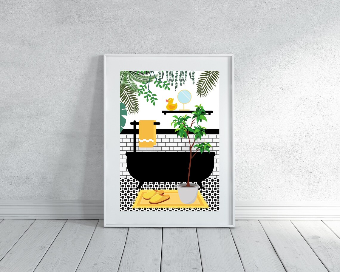 Black Bathtub With Yellow Towel Duck And Ficus Bathroom Poster - Image 3