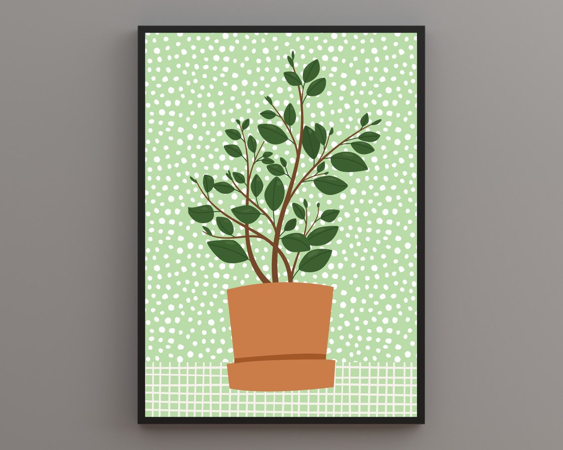 Leafy Potted Houseplant Terracotta Green Polka Dot Boho Poster