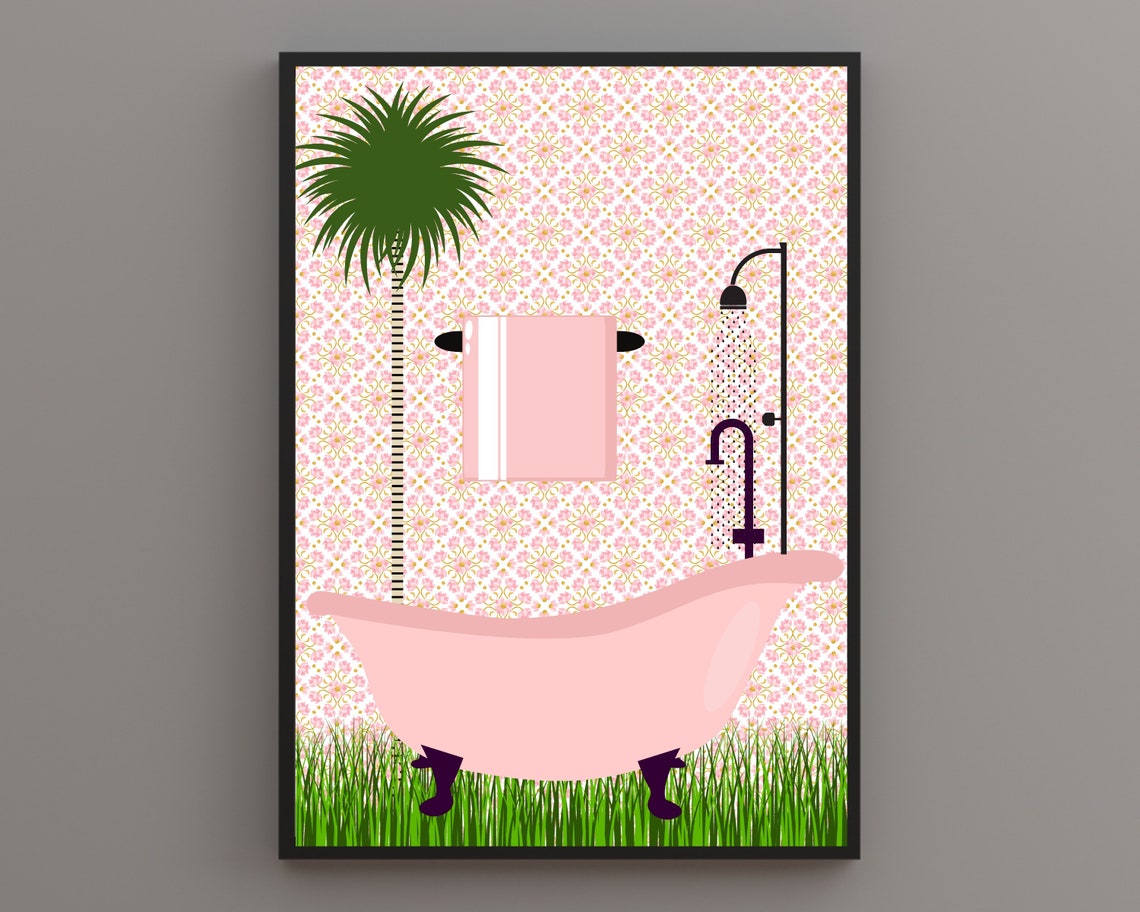 Pink Clawfoot Bathtub With A Palm Tree Botanical Bathroom Poster