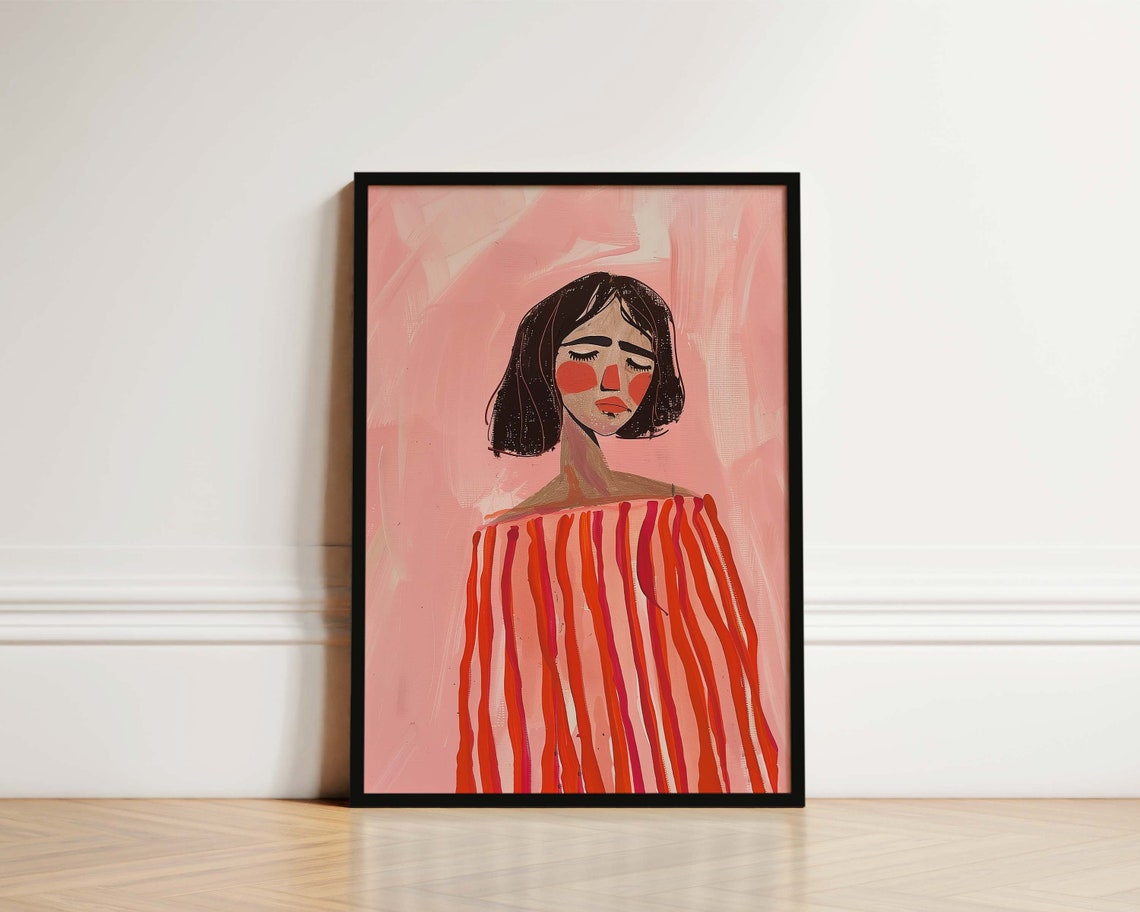 Striped Dress Woman Bedroom Print Fashion Print Boho Wall Art Dressing Room Print Bedroom Poster Fashion Art Mid Century Print Pink