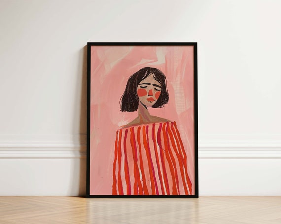 Striped Dress Woman Bedroom Print Fashion Print Boho Wall Art Dressing Room Print Bedroom Poster Fashion Art Mid Century Print Pink