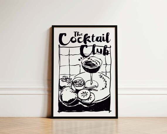 The Cocktail Club Hand Drawn Black and White Bar Sign Poster
