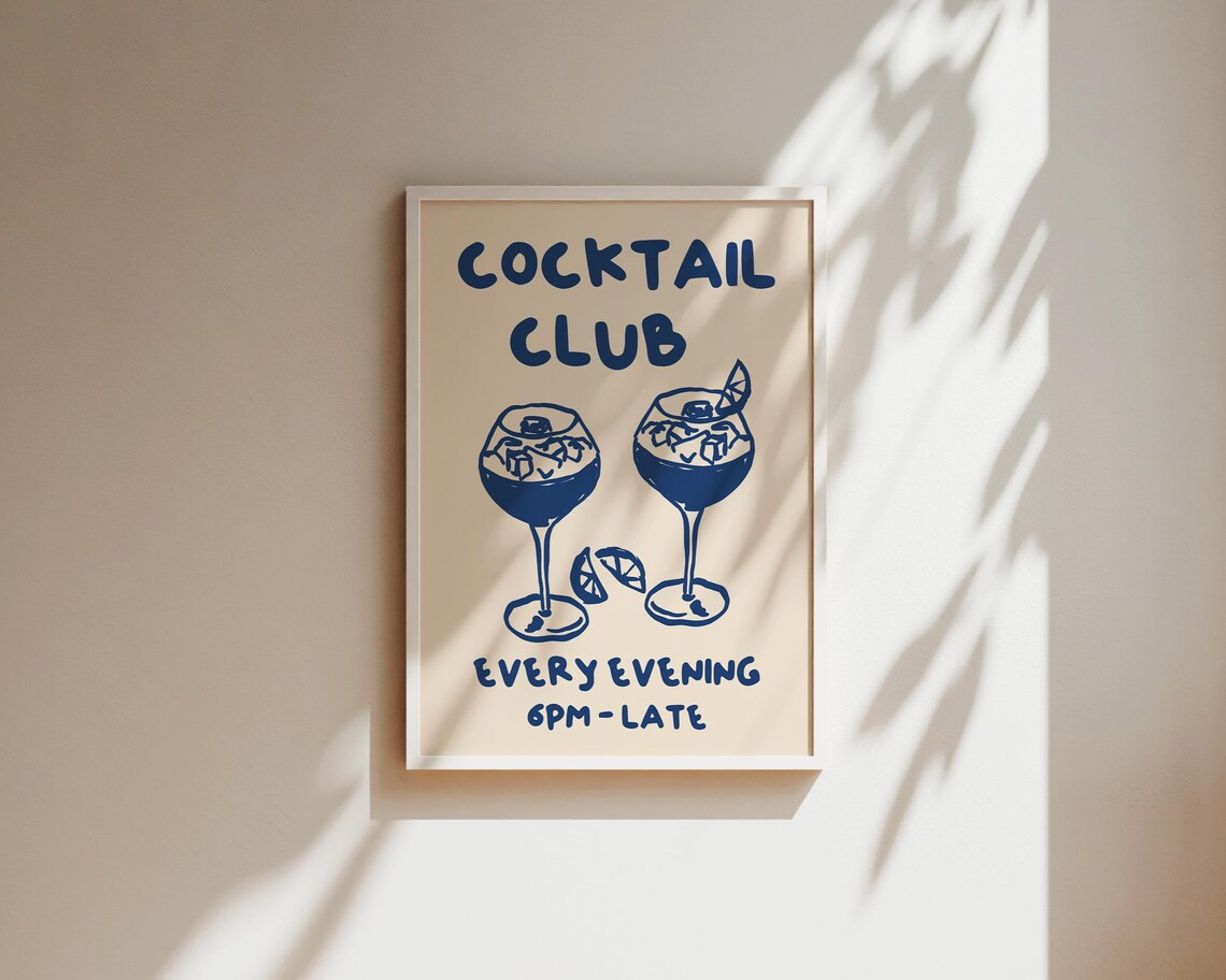 Cocktail Club Every Evening Navy Hand Drawn Typography Bar Poster - Image 2