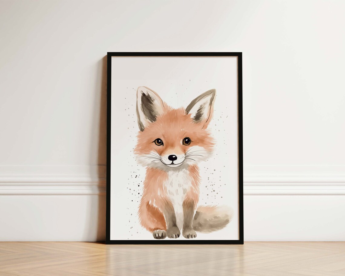 Sweet Baby Fox Watercolour Woodland Animal Poster for a Nursery Room