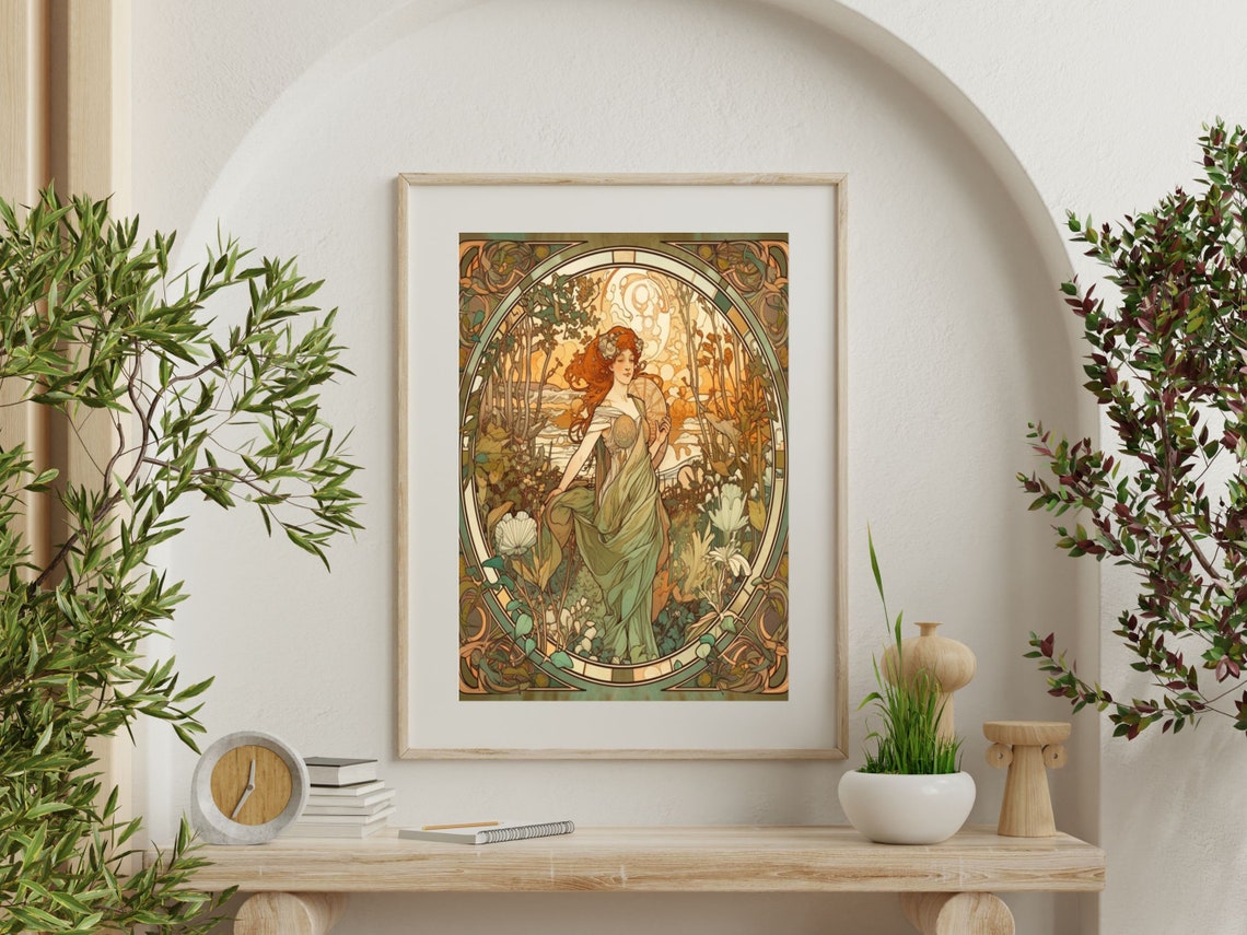 Art Nouveau Red Haired Woman In Garden Oval Frame Floral Poster - Image 4