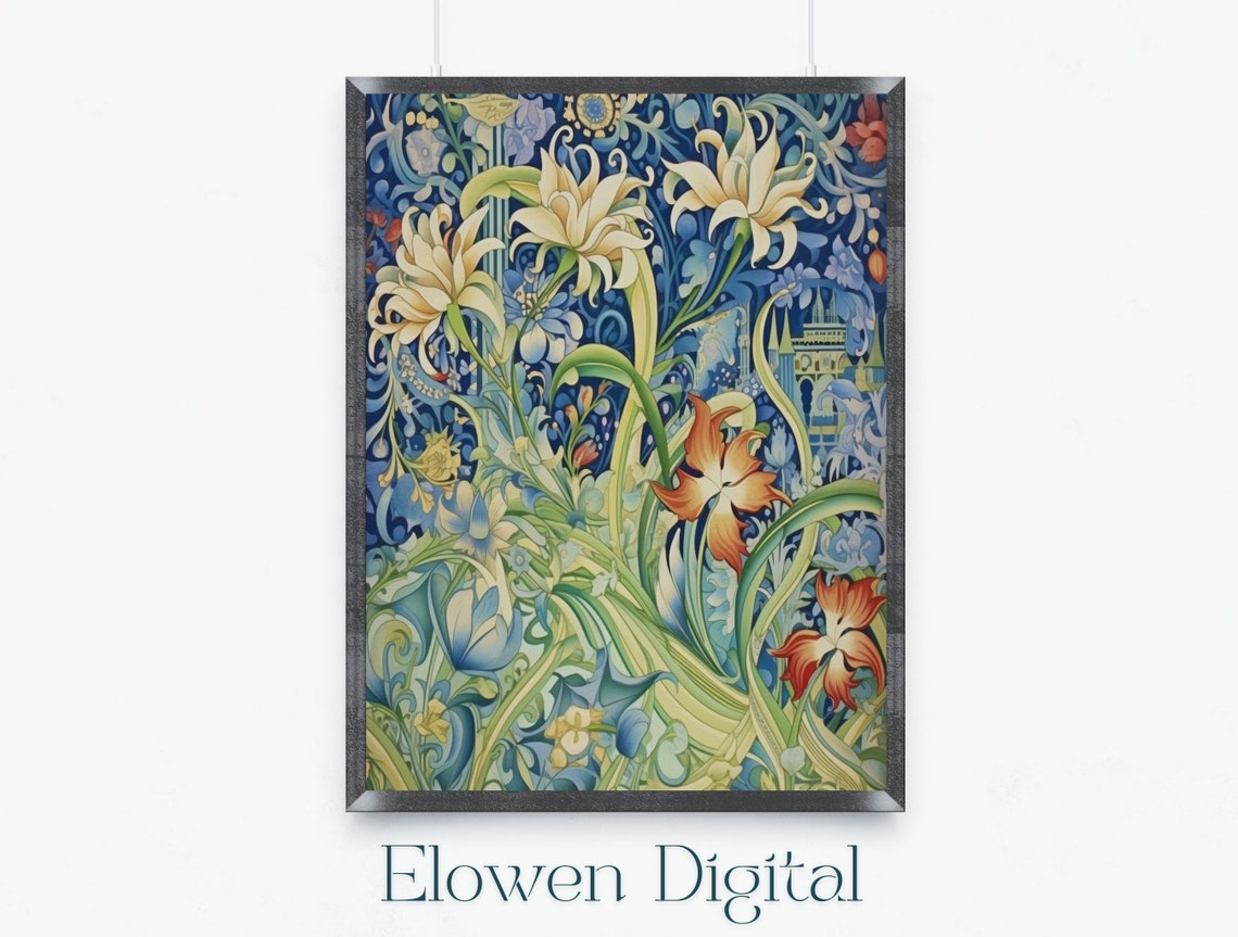 Art Nouveau Blue and Green Lily Botanical Floral Pattern Art Poster
