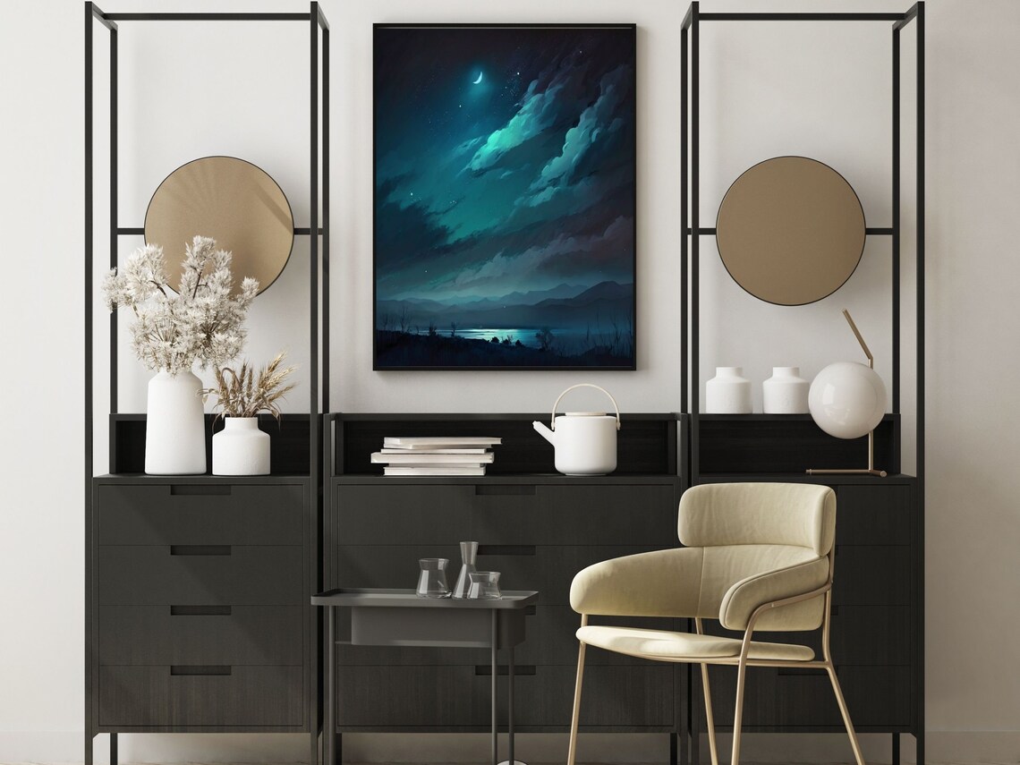 Starry Night Crescent Moon Over Mountain Lake Scenery Art Poster - Image 2
