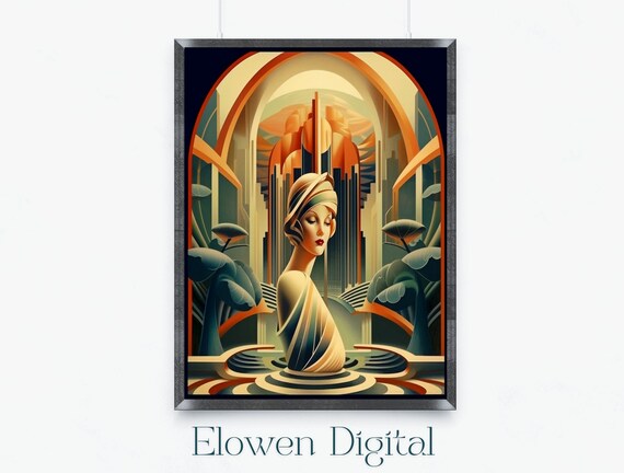 Art Deco Woman Portrait in Golden Retro Futurist City Arches Poster