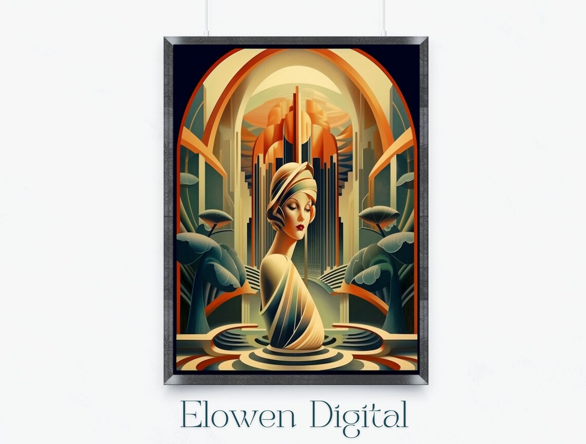 Art Deco Woman Portrait in Golden Retro Futurist City Arches Poster