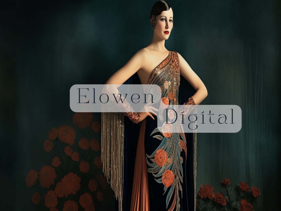 Art Deco Woman in One-Shoulder Orange Floral Embroidered Gown Poster - Image 4