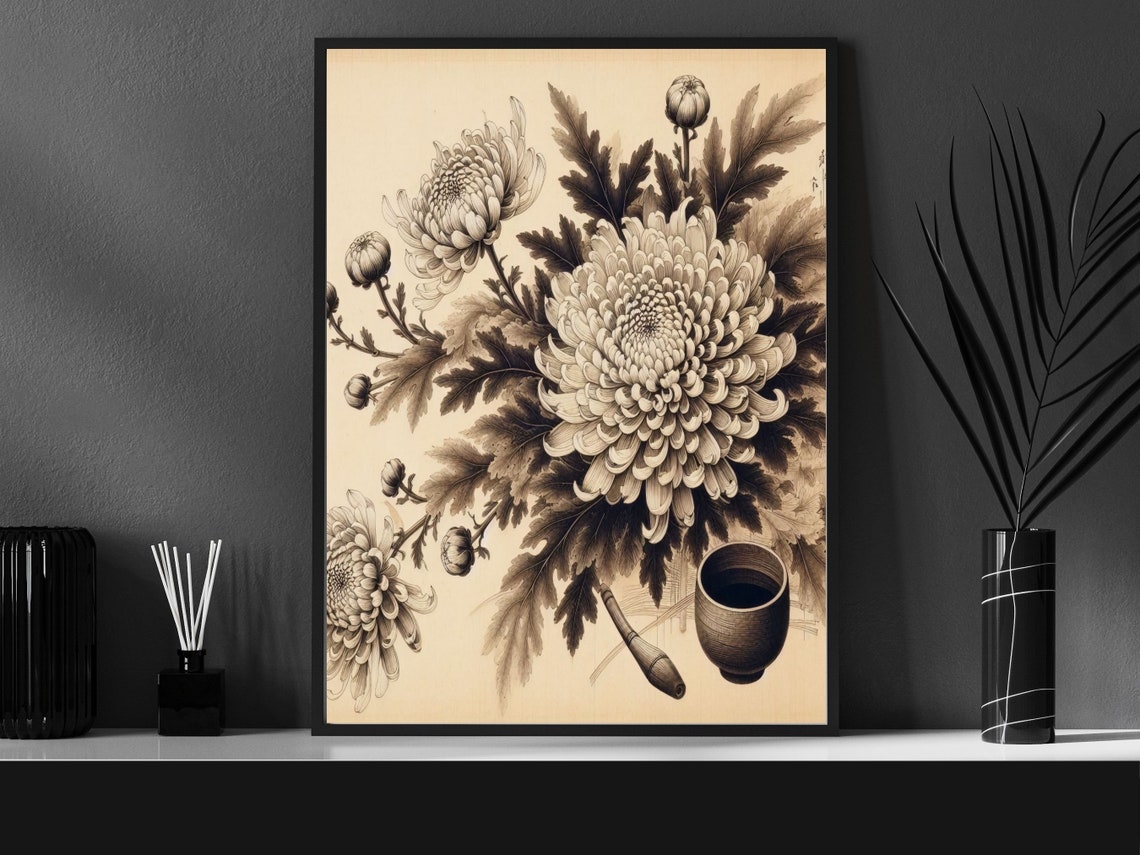 Japanese Ink Chrysanthemums Tea Cup Vintage Botanical Poster - Image 3